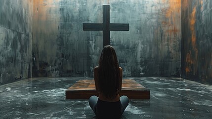 a woman in a room praying in front of a wooden cross - obrazy, fototapety, plakaty