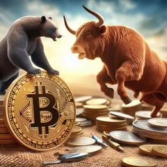 Fotobehang In a dynamic confrontation, a bull and a bear are caught in a tense moment over a bed of cryptocurrency coins, symbolizing the market's bullish and bearish forces. The image conveys the ongoing battle © Anastasiia
