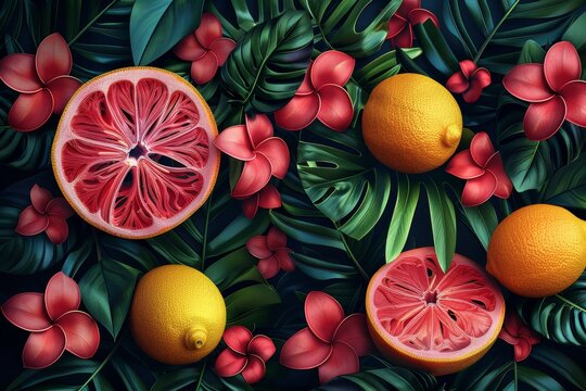 Summer fruits Lemon and Monstera leaves in brushed strokes style, seamless modern pattern for fashion, fabric, textile, wallpaper, cover, web, wrapping and all prints