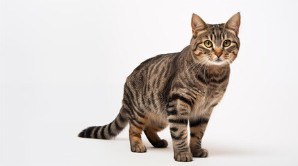 Alert Tabby Cat with Striking Stripes on a White Background. Generative AI