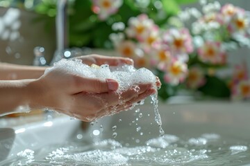 Hands gently produce soap bubbles against a backdrop of fresh flowers and daylight