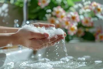 Fototapeta premium Hands gently produce soap bubbles against a backdrop of fresh flowers and daylight