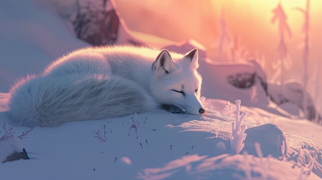 Create a serene image of a small and adorable arctic fox leisurely lounging on the pristine white snowfield