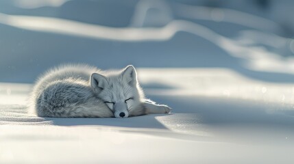Create a serene image of a small and adorable arctic fox leisurely lounging on the pristine white...