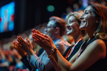 The image shows an audience applauding at a conference, displaying engagement and communal support