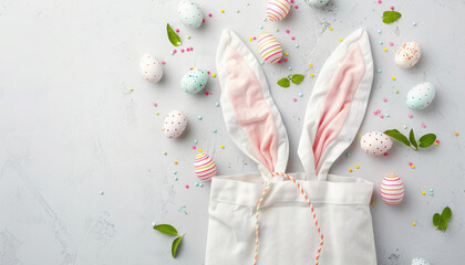 A white bag with a pink rabbit and a bunch of Easter eggs by AI generated image