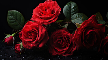 Bouquet de belles roses rouges sur un fond noir. Gros plan zoom. Fleurs, plantes, nature. Goutte d'eau. Passion et amour. Pour conception et création graphique. 