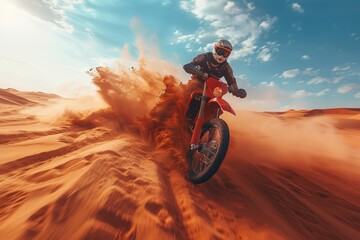 A dynamic image of a dirt biker in red, racing against the backdrop of a clear blue sky in a sandy terrain