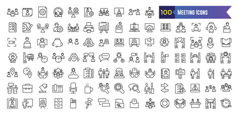 Meeting icons set. Outline set of online meeting vector icons for ui design. Outline icon collection. Editable stroke.