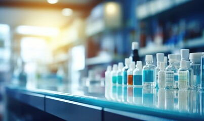 A pharmacy store with medicine standing on the shelves, blurred background - obrazy, fototapety, plakaty