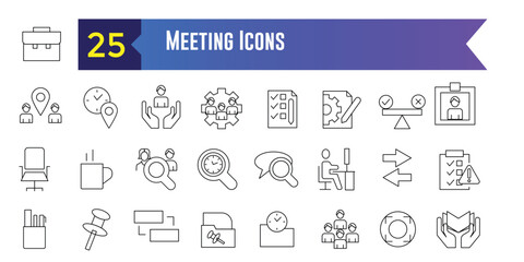 Fototapeta na wymiar Meeting icons set. Outline set of online meeting vector icons for ui design. Outline icon collection. Editable stroke.