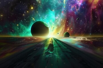 Celestial dance of planets above a narrow, shadowed path, culminating in an explosion of auroral colors Dreamlike vision