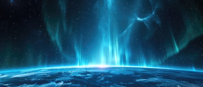 the serene light of orbiting celestial bodies, opening to a clearing crowned by a radiant aurora