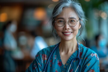 A smiling mature nurse wearing glasses and a stethoscope at a clinic, exuding professionalism and care