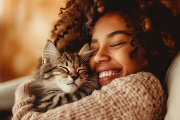 A black woman hugs her grey tabby cat. - obrazy, fototapety, plakaty
