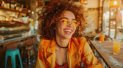 A dynamic shot of a model caught mid-laugh in a cozy café, their trendy outfit adding a splash of vibrant color against the rustic backdrop, illustrating the joy found in everyday fashion