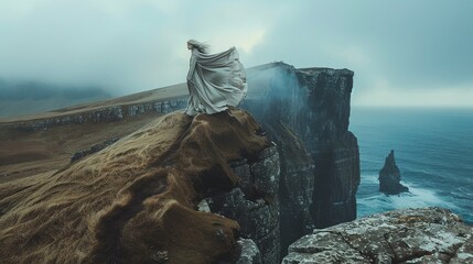 A model perched atop a windswept cliff, their dramatic cape billowing in the wind, embodying the...
