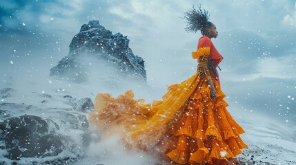 A model stands amidst a swirling snowstorm, their bold, colorful attire stark against the...