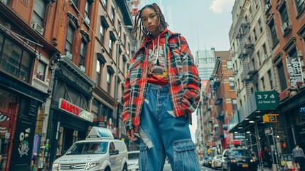 Caught in a candid moment on a bustling city street, a model's expressive streetwear ensemble tells a story of youth culture and urban dynamism