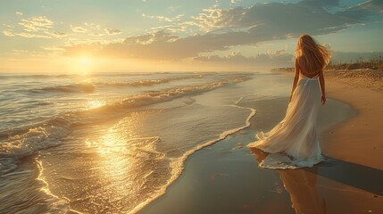In the quiet of dawn, a model poses on a deserted beach, the early light casting long shadows on the sand, their flowing attire mirroring the tranquil sea breeze - obrazy, fototapety, plakaty