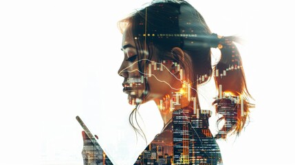 Double exposure of a business woman using a mobile phone and a financial graph on a city background