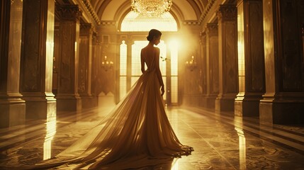 Under the gleaming lights of a grand chandelier, a model stands in an opulent hallway, their elegant gown flowing gracefully, epitomizing timeless elegance and luxury