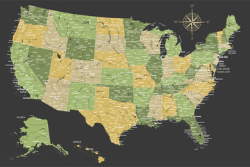 United States - Highly Detailed Vector Map of the USA. Ideally for the Print Posters. Green Yellow Golden Black Colors - obrazy, fototapety, plakaty