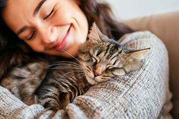 A woman hugs her grey tabby cat. - obrazy, fototapety, plakaty