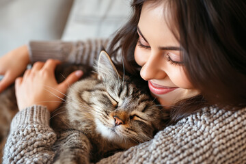 A woman hugs her grey tabby cat.