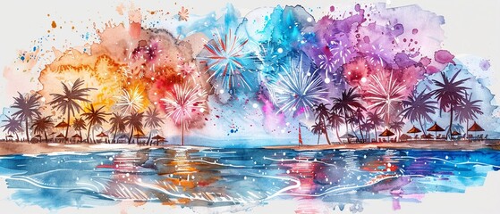 Enchanted beach party under the spell of multicolored fireworks clipart watercolor white background - obrazy, fototapety, plakaty