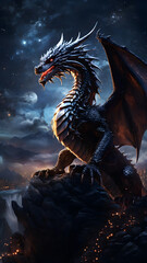 A dark dragon perched on a rock, set against the backdrop of a moonlit night sky with stars, is ideal for mystery and fantasy mobile wallpapers.