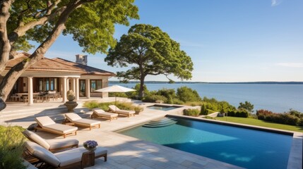 Fototapeta premium Mediterranean inspired villa with a sprawling garden and a private beach access in the exclusive Hamptons, New York