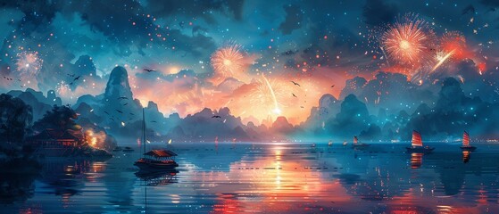 Fototapeta na wymiar Fireworks bloom over a serene lake