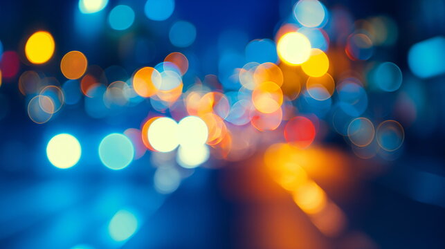 blur of city lights, buildings, and moving vehicles on a busy urban street at night