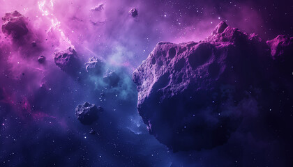 Surreal cosmic landscape with vibrant nebulae and floating asteroids, concept for the International Asteroid Day - obrazy, fototapety, plakaty
