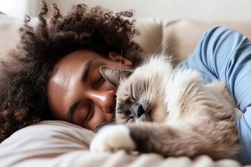 A black man sleep with with his white cat. - obrazy, fototapety, plakaty