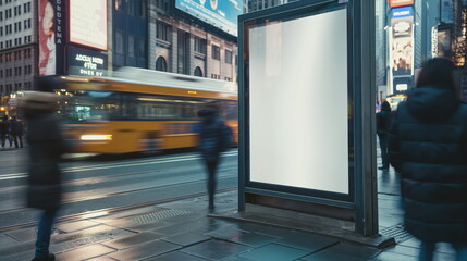 Mockup empty, blank billboard at the bus stop, in the middle of a rush hour in City, with blurry citizen looking at the billboard, blurry people walking in the background