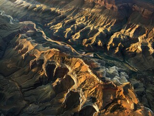 A panoramic view of a desert with a river running through it