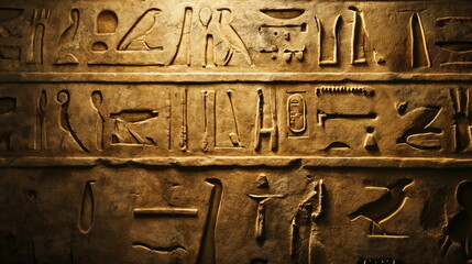 Close-up of carved hieroglyphs on a stone surface illuminated by the warm glow of evening sunlight - obrazy, fototapety, plakaty