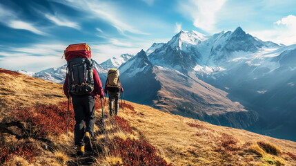 Backpackers Hiking Through Majestic Mountain Range, Outdoor Adventure Travel