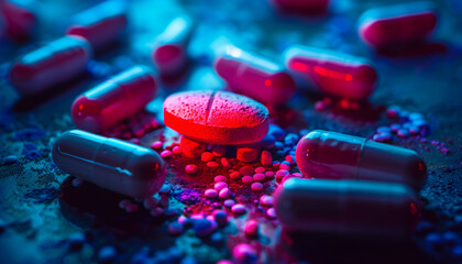 Assorted pharmaceutical capsules and pills in red and blue light, concept for the International Day against Drug Abuse and Illicit Trafficking