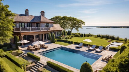 Mediterranean inspired villa with a sprawling garden and a private beach access in the exclusive Hamptons, New York