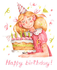  Girl in pink dress with birthday cake, lettering "Happy birthday". Watercolor hand-drawn illustration for greeting card isolated on white background
