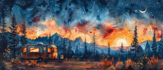 Desert caravan stops to enjoy a natural show of meteoric fireworks clipart watercolor white background