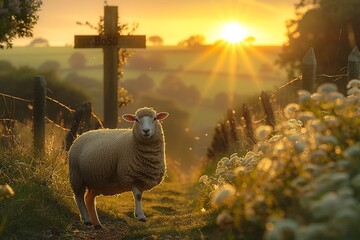 This tranquil image captures a sheep moving gracefully through a sun-kissed field, with a wooden cross standing in the distance, symbolizing peace and harmony in the heart of the countryside. - obrazy, fototapety, plakaty