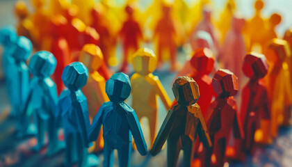 Colorful abstract figures holding hands, symbolizing cooperation and unity in a vibrant community - obrazy, fototapety, plakaty