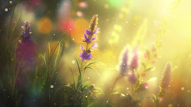 Close-Up Footage of Vibrant Flowers and Grass in Full Bloom, Capturing the Pollen Particles Dancing in the Sunlight