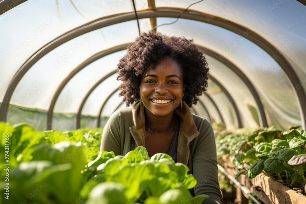 Canvas Prints Generated with AI picture of woman growing natural organic vegetables on own farm