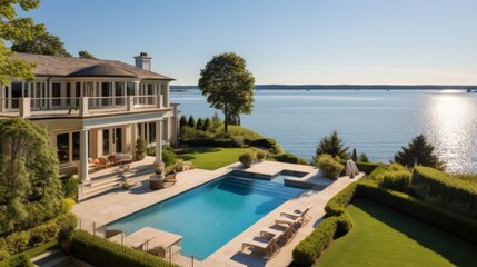 Obraz premium Mediterranean inspired villa with a sprawling garden and a private beach access in the exclusive Hamptons, New York