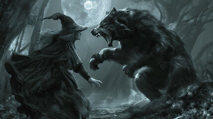 Wizard woman and a bear fight amongst the shadows of a dark forest, surrounded by tall trees and mysterious mist